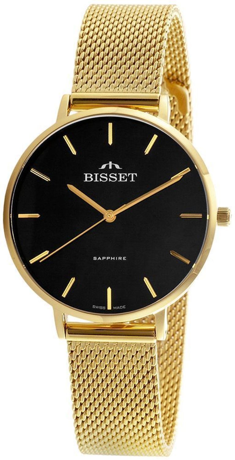 Bisset BIS111 BSBF32 – elegancki szwajcarski zegarek klasyczny z czarną tarczą, złotą kopertą i szafirowym szkłem. Bransoleta G-Link umożliwia samodzielną regulację długości.1.jpg